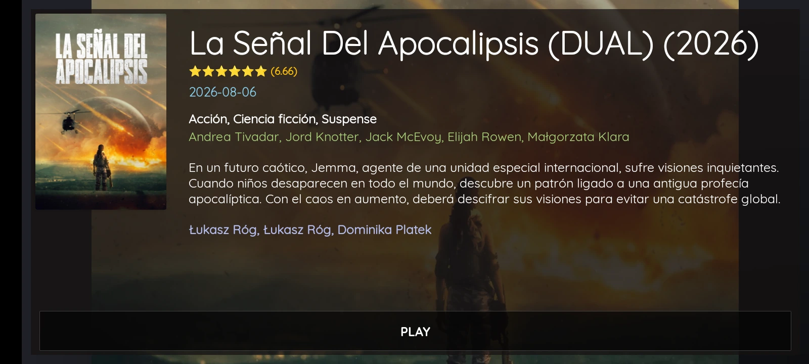 Movie details with synopsis, cast and playback